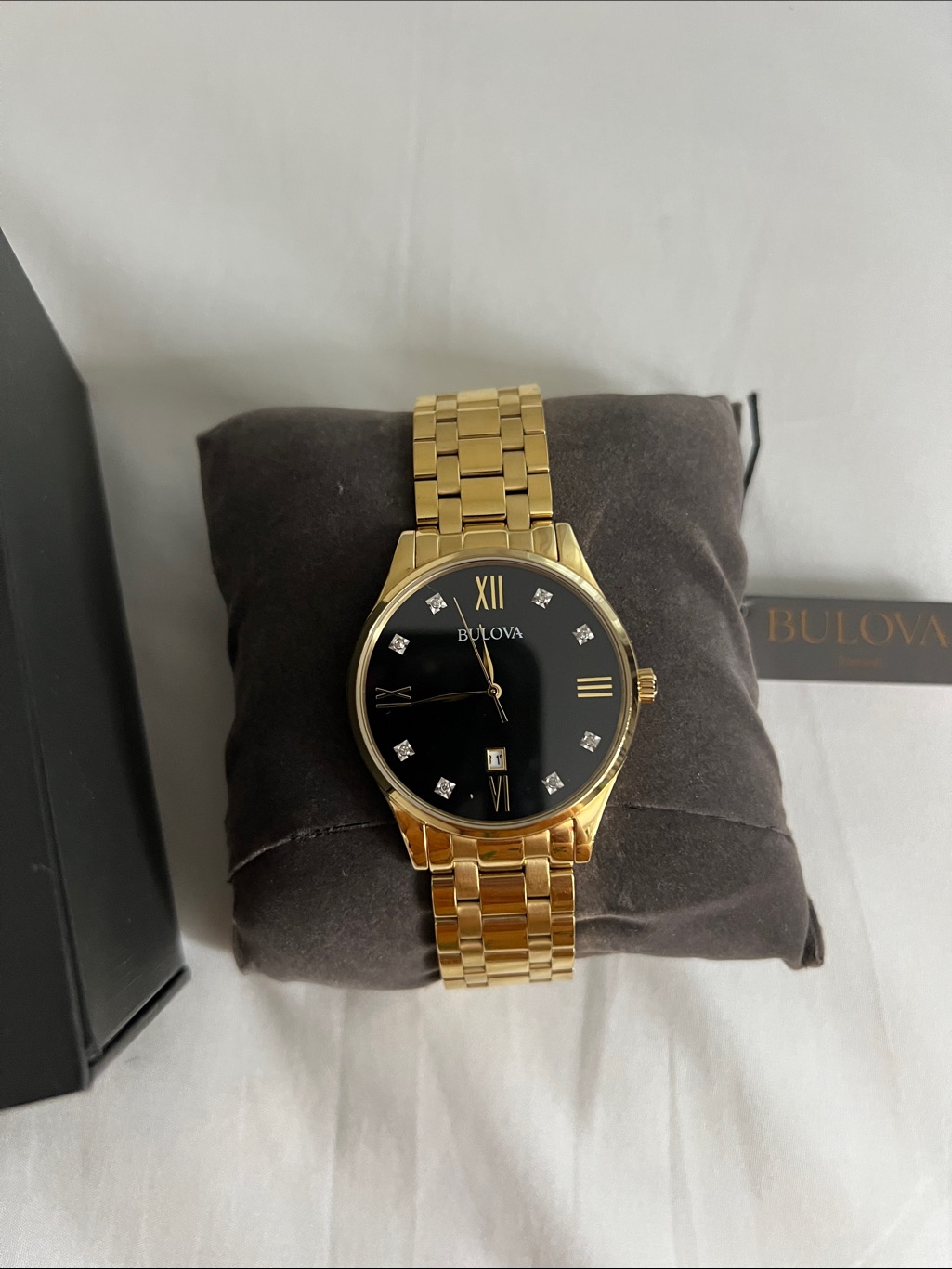 Bulova Gold Watch With Black Dial And Crystal Markers
